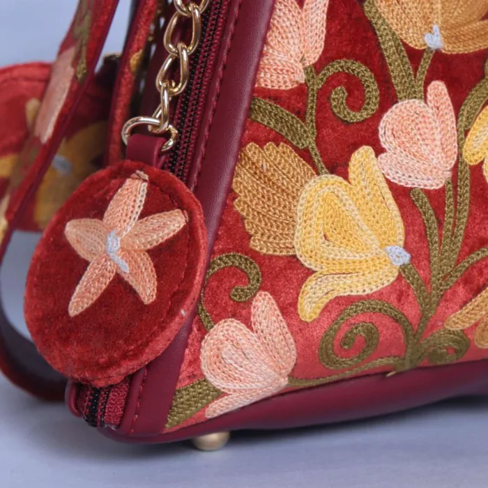 Red Velvet Potli Bag in Triangle Shape with Aari Embroidery - Image 2