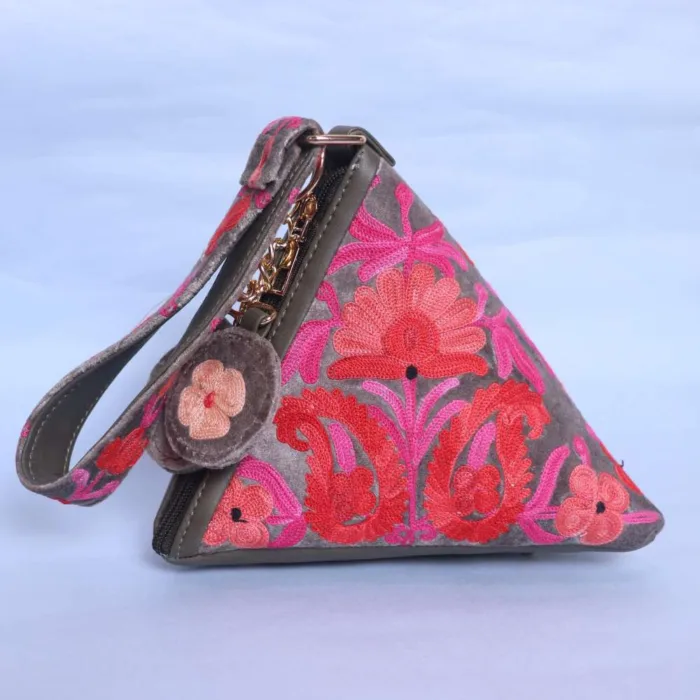 Stylish Grey Velvet Triangle Potli with Beautiful Aari Embroidery