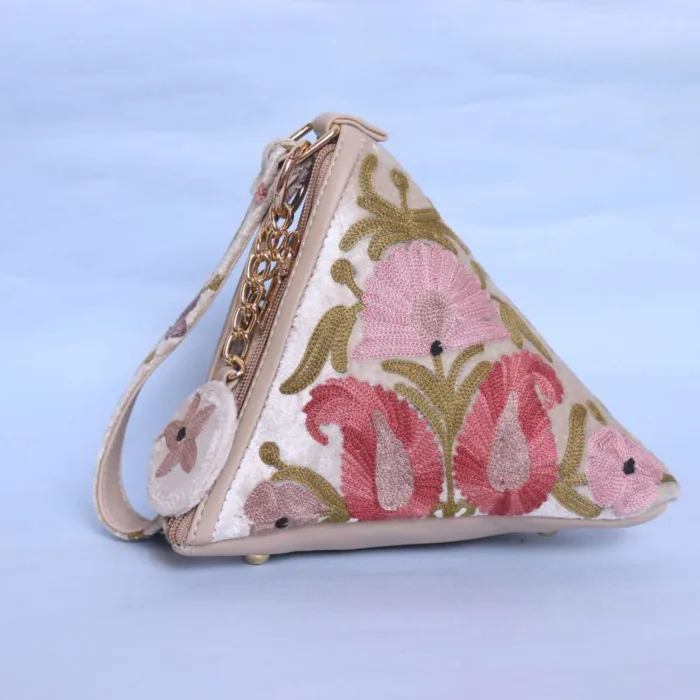 Kashmiri Cream Velvet Triangle Potli Bag with Aari Embroidery