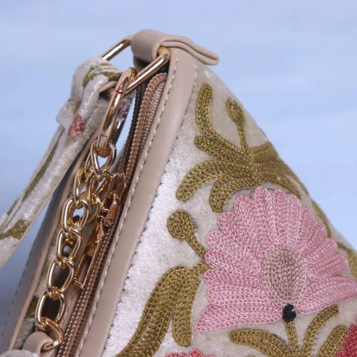 Kashmiri Cream Velvet Triangle Potli Bag with Aari Embroidery - Image 3