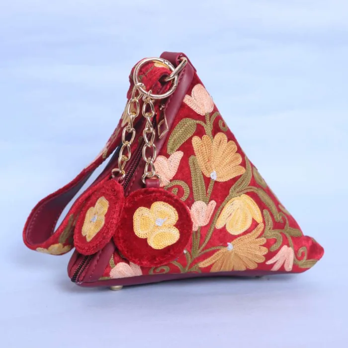 Red Velvet Triangle Potli with Exquisite Aari Work