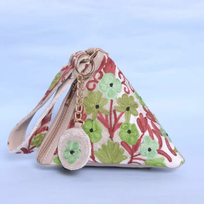 Stylish Cream Velvet Aari Embroidered Triangle Potli Bag for Festive Occasions