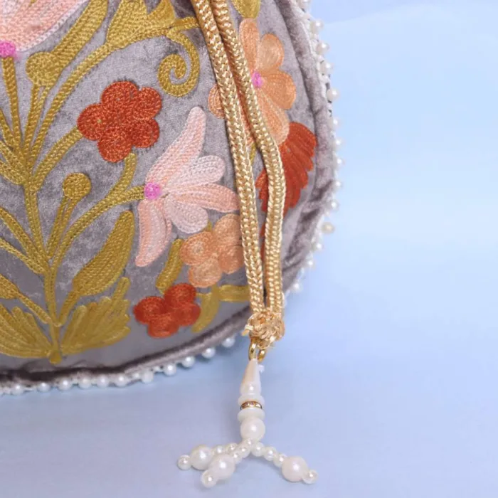 Elegant Grey Velvet Potli Bag with Adorable Aari Work - Image 3