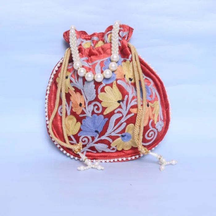 Kashmiri Dark Red Velvet Potli Bag Showcasing Aari Embroidery