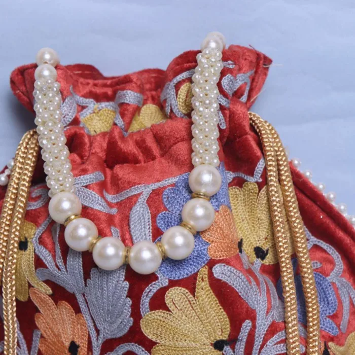 Kashmiri Dark Red Velvet Potli Bag Showcasing Aari Embroidery - Image 2