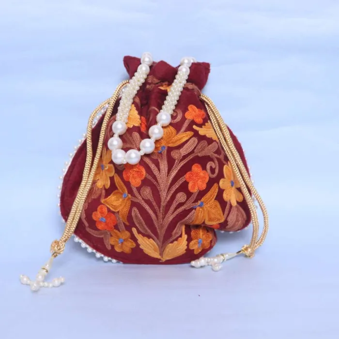 Maroon Velvet Potli Bag with Exquisite Aari Design