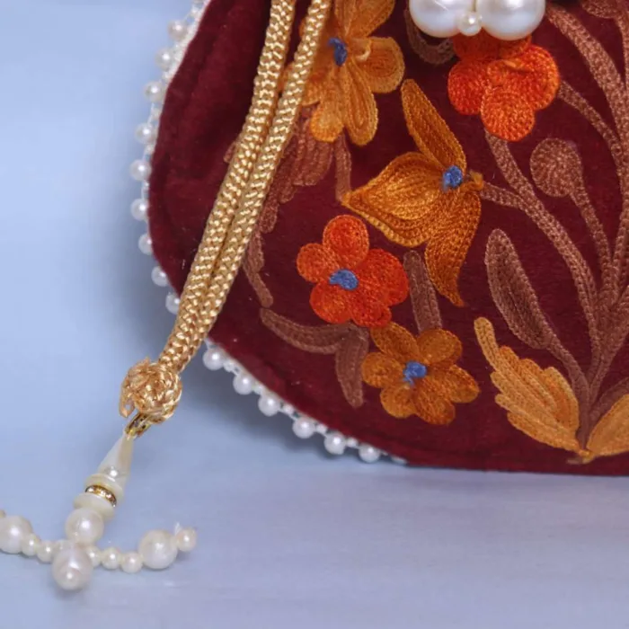 Maroon Velvet Potli Bag with Exquisite Aari Design - Image 3