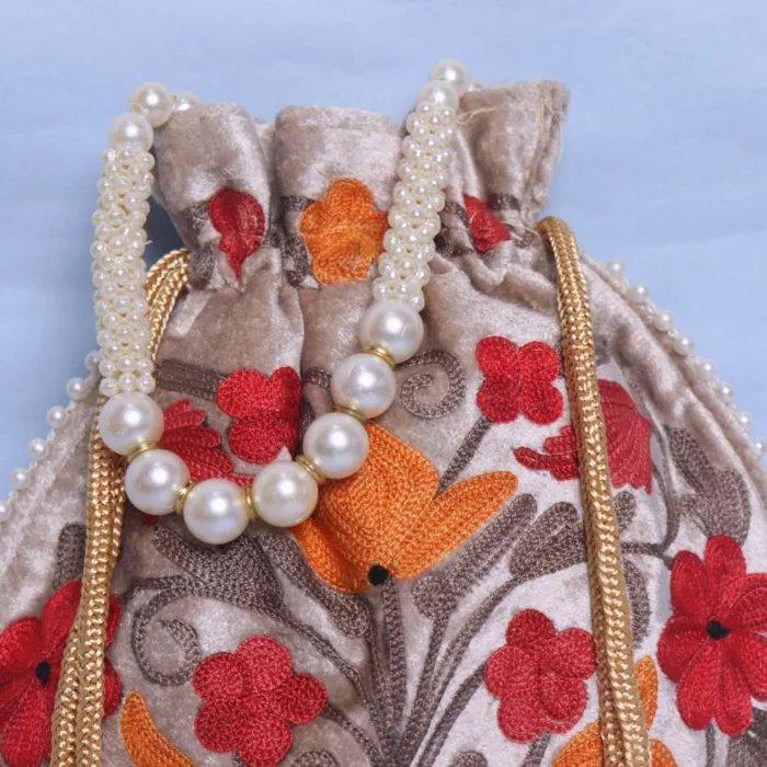 Cream Velvet Aari Embroidered Potli Bag for Festive Occasions - Image 2