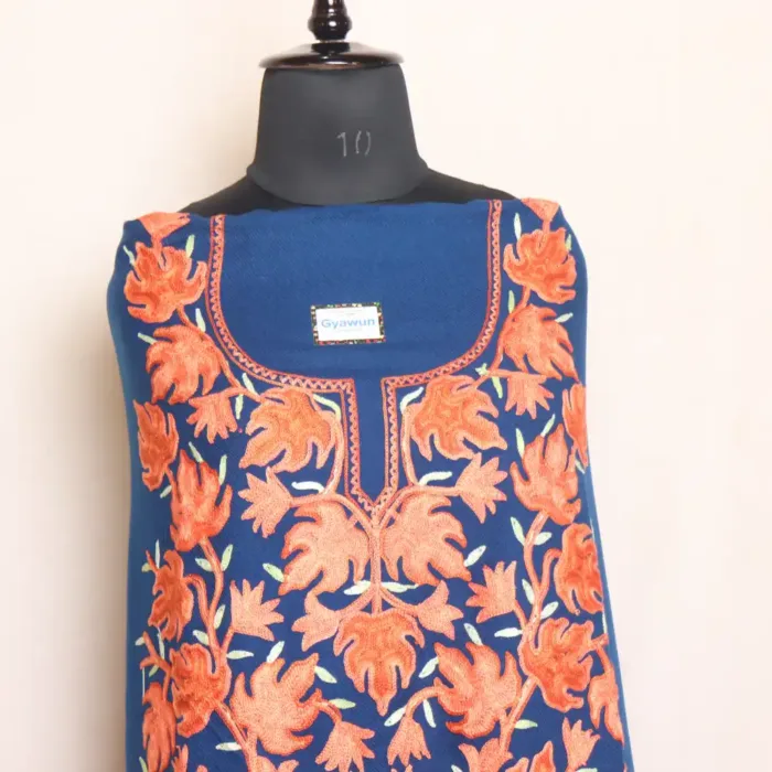 Peacock Blue Chinari 2PC Woolen Suit with Brownish Aari Embroidery - Sonwari Collection - Image 2