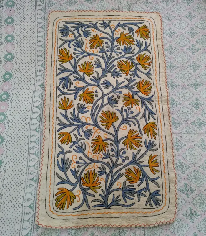 Unique Kashmiri Wool Rug (Namda) with Yellow Floral Fine Aari Stitching