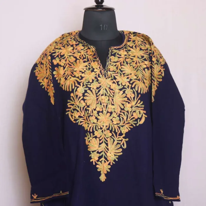 Elegant Navy Blue Cashmilon Pheran with Front Back Aari Embroidery - Chattabal Collection