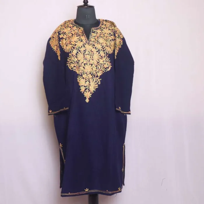 Elegant Navy Blue Cashmilon Pheran with Front Back Aari Embroidery - Chattabal Collection - Image 3