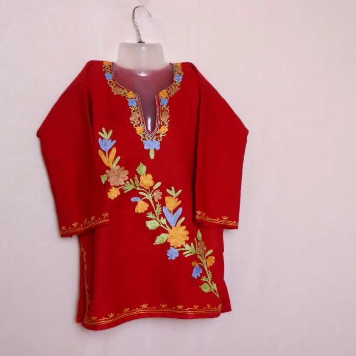 Adorable Red Baby Girls Woolen Pheran Kurta in Cashmilon with Aari Embroidery - Nowhatta Collection (4-5 y)