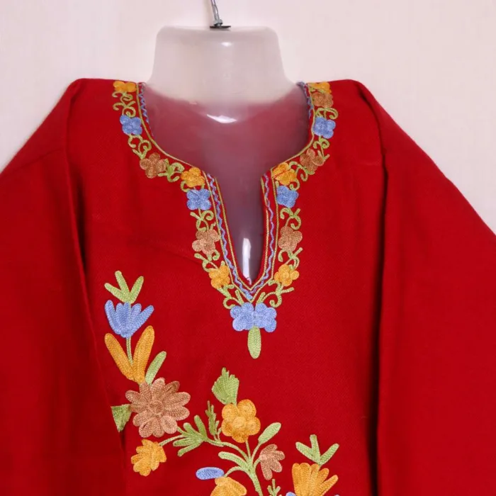 Adorable Red Baby Girls Woolen Pheran Kurta in Cashmilon with Aari Embroidery - Nowhatta Collection (4-5 y) - Image 2