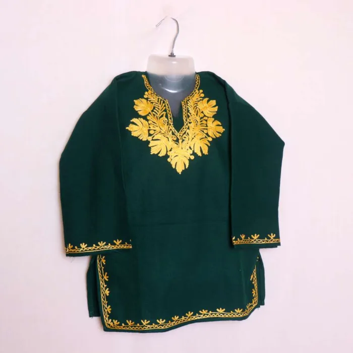 Stylish Dark Green Woolen Pheran Kurta for Baby Girls with Aari Work in Cashmilon - Nowhatta Collection (3-4 y)