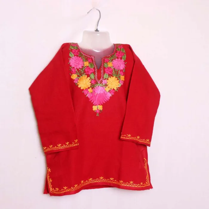 Elegant Red Aari Embroidered Baby Girls Woolen Pheran Kurta in Cashmilon - Nowhatta Collection (3-4 y)