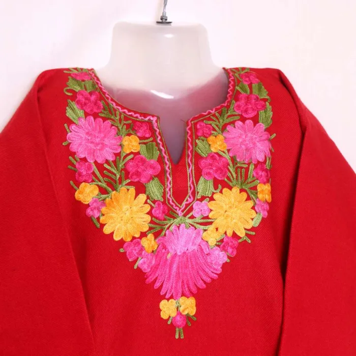 Elegant Red Aari Embroidered Baby Girls Woolen Pheran Kurta in Cashmilon - Nowhatta Collection (3-4 y) - Image 2