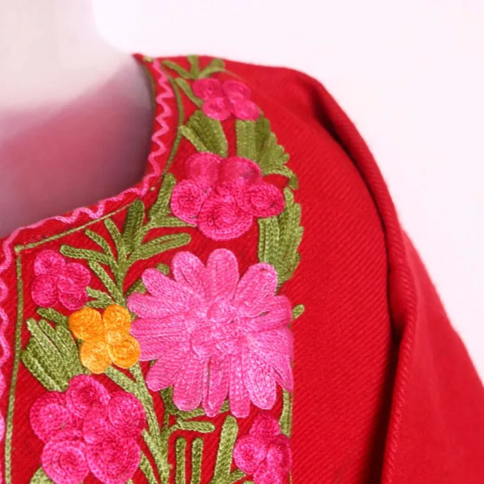 Elegant Red Aari Embroidered Baby Girls Woolen Pheran Kurta in Cashmilon - Nowhatta Collection (3-4 y) - Image 3