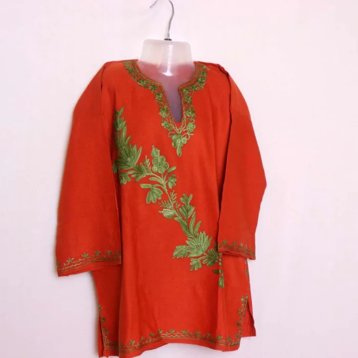 Beautiful Baby Girls Rust Woolen Pheran Kurta Crafted in Cashmilon with Aari Embroidery - Nowhatta Collection (5-6 y)