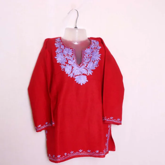 Graceful Cashmilon Baby Girls Red Woolen Pheran Kurta with Aari Detailing - Nowhatta Collection (3-4 y)