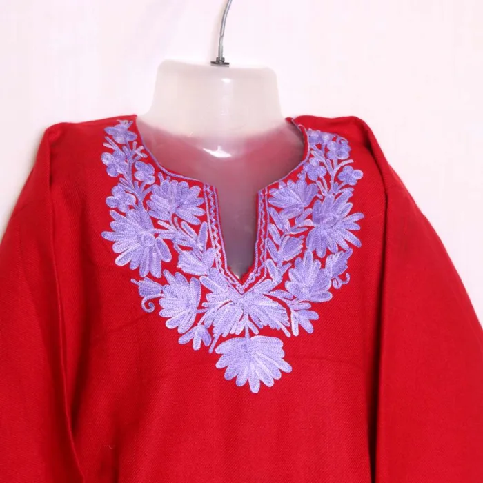 Graceful Cashmilon Baby Girls Red Woolen Pheran Kurta with Aari Detailing - Nowhatta Collection (3-4 y) - Image 2