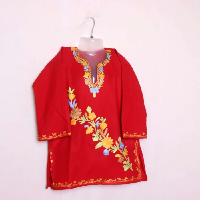 Soft and Warm Baby Girls Red Woolen Pheran Kurta in Cashmilon with Aari Embroidery - Nowhatta Collection (5-6 y)