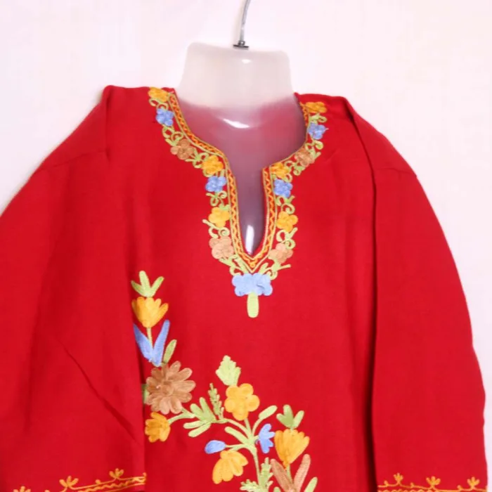 Soft and Warm Baby Girls Red Woolen Pheran Kurta in Cashmilon with Aari Embroidery - Nowhatta Collection (5-6 y) - Image 2