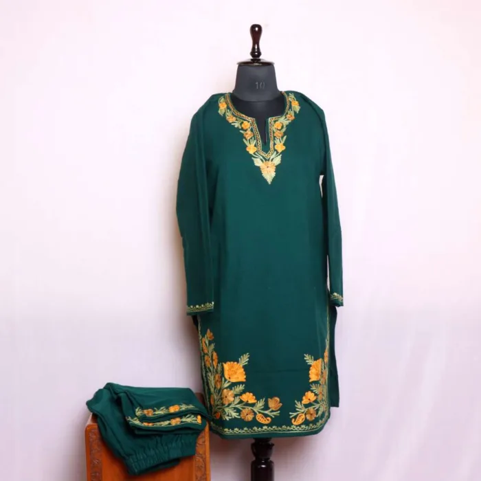 Dark Green Border Boothidar Cashmilon Woolen Kurta Set with Aari Embroidery - Saidakadal Collection