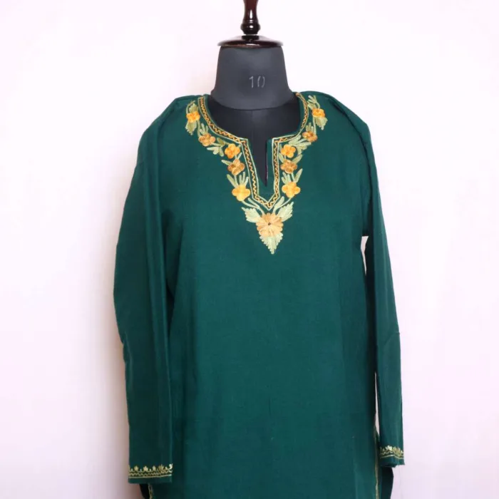 Dark Green Border Boothidar Cashmilon Woolen Kurta Set with Aari Embroidery - Saidakadal Collection - Image 2