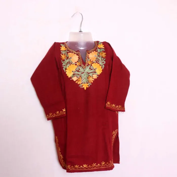 Stylish Kids Woolen Pheran | Phiran Girls Dress in Cashmilon with Aari Embroidery - Badamweer Collection (3-4 y)