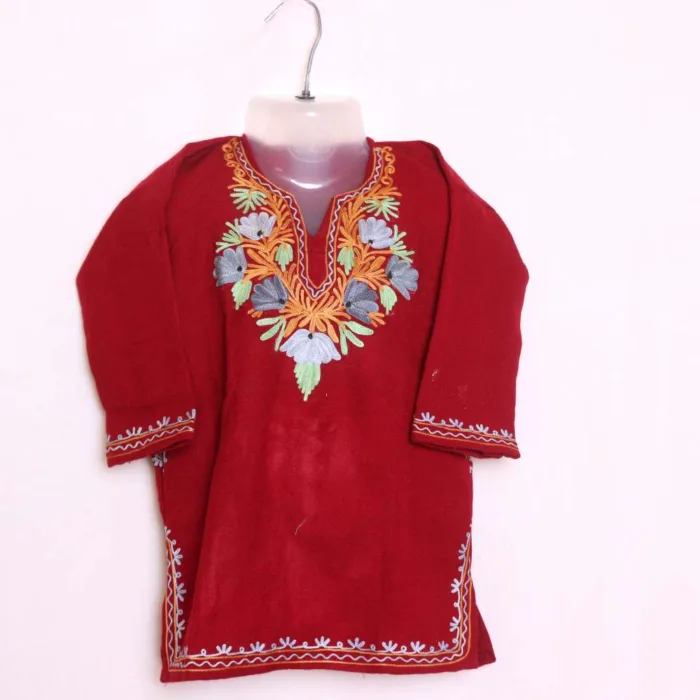 Elegant Aari Embroidered Kids Woolen Pheran | Phiran Girls Dress in Cashmilon - Badamweer Collection (2-3 y)