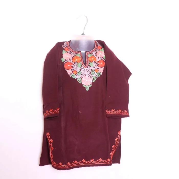 Beautiful Wine Cashmilon Kids Woolen Pheran | Phiran Girls Dress with Aari Work - Badamweer Collection (3-4 y)