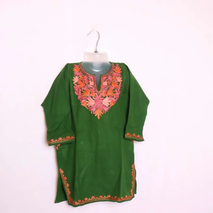 Adorable Green Aari Embroidered Kids Woolen Pheran | Phiran Girls Dress in Soft Cashmilon - Badamweer Collection (4-5 y)