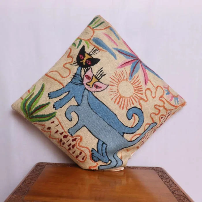 Handcrafted Cat Chain Stitch Cushion  Cover 16*16 | Barzul Collection