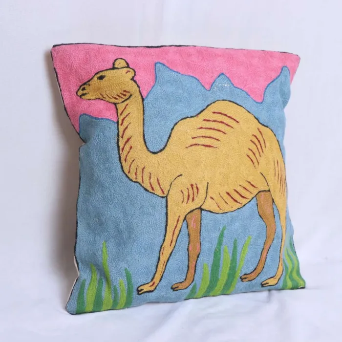 Camel in Desert Chain Stitch Cushion Cover 18*18 | Set of 2 | Barzul Collection - Image 2