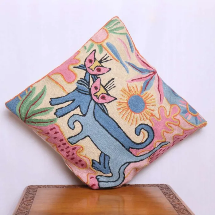 Blue-Pinkish Cat Designed Chain Stitch Cushion Cover 16*16 | Barzul Collection