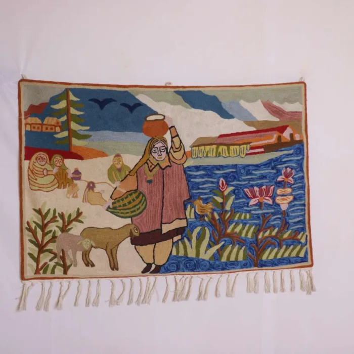 Handcrafted Dusoot Cotton Wall Hanging with Exquisite Woolen Embroidery | Kashmiri Mother Story (3x2 ft)