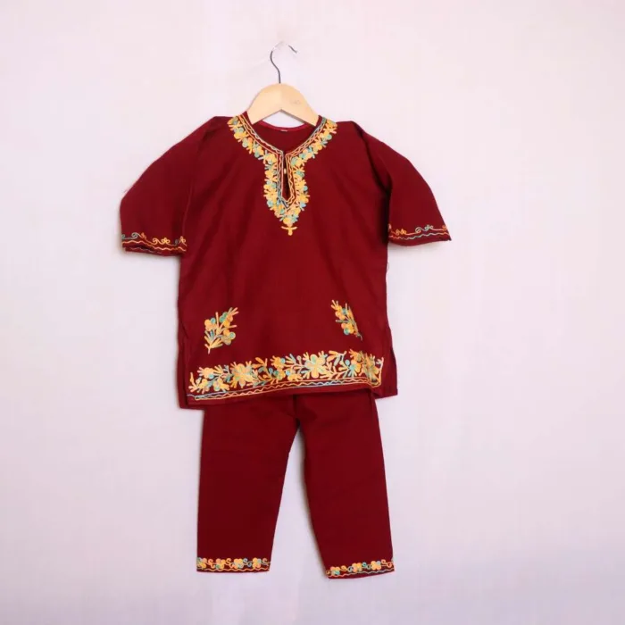 Adorable Maroon Aari Embroidered Cashmilon Kids Pheran Set - Wazir Bagh Collection (1-2y)