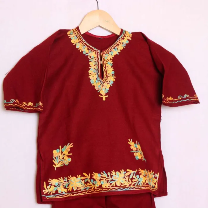 Adorable Maroon Aari Embroidered Cashmilon Kids Pheran Set - Wazir Bagh Collection (1-2y) - Image 2