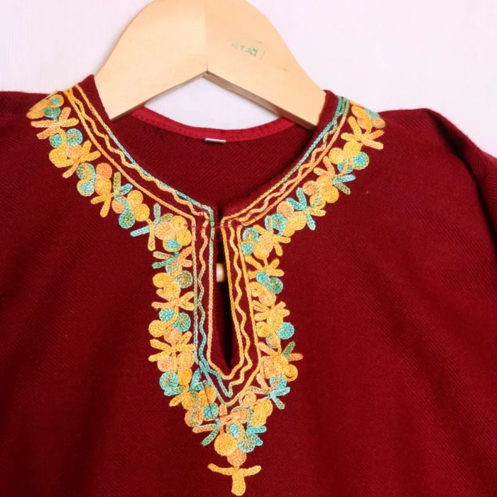 Adorable Maroon Aari Embroidered Cashmilon Kids Pheran Set - Wazir Bagh Collection (1-2y) - Image 3