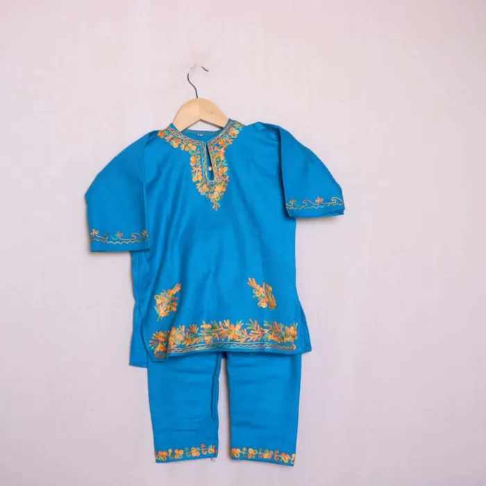 Stylish Cyan Blue Cashmilon Kids Pheran Set with Aari Embroidery - Wazir Bagh Collection (1-2y)