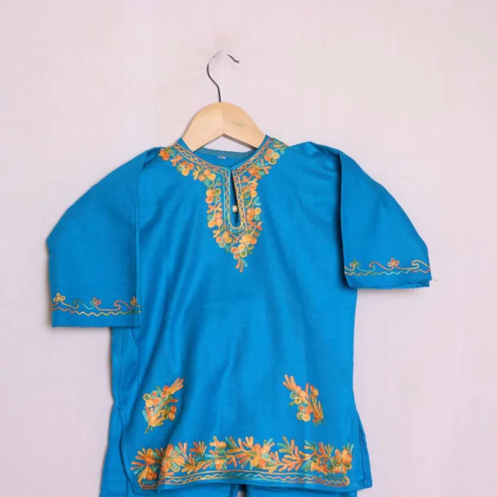 Stylish Cyan Blue Cashmilon Kids Pheran Set with Aari Embroidery - Wazir Bagh Collection (1-2y) - Image 2