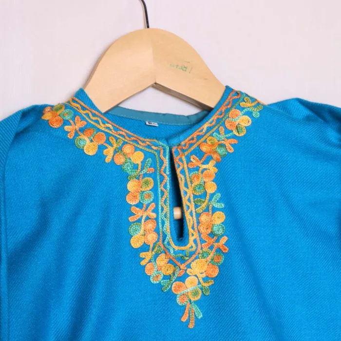 Stylish Cyan Blue Cashmilon Kids Pheran Set with Aari Embroidery - Wazir Bagh Collection (1-2y) - Image 3