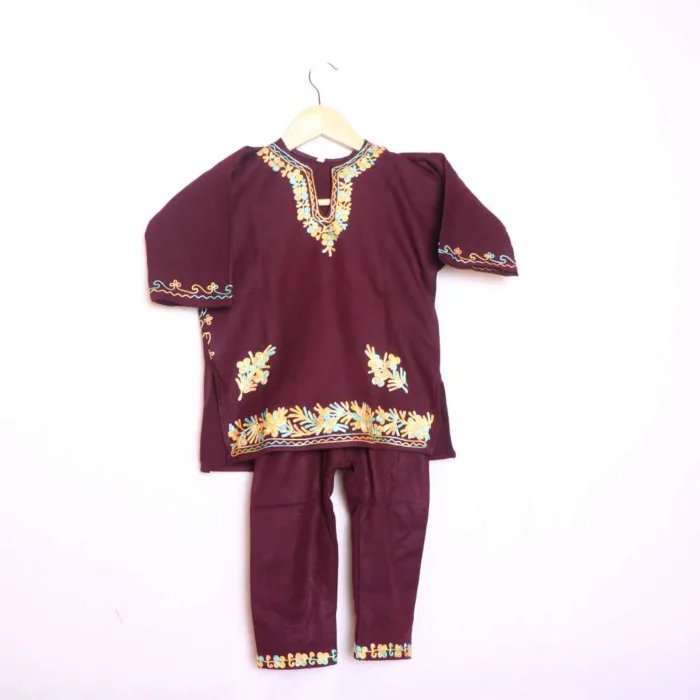 Beautiful Wine Aari Work Cashmilon Pheran Set for Kids - Wazir Bagh Collection (1-2y)