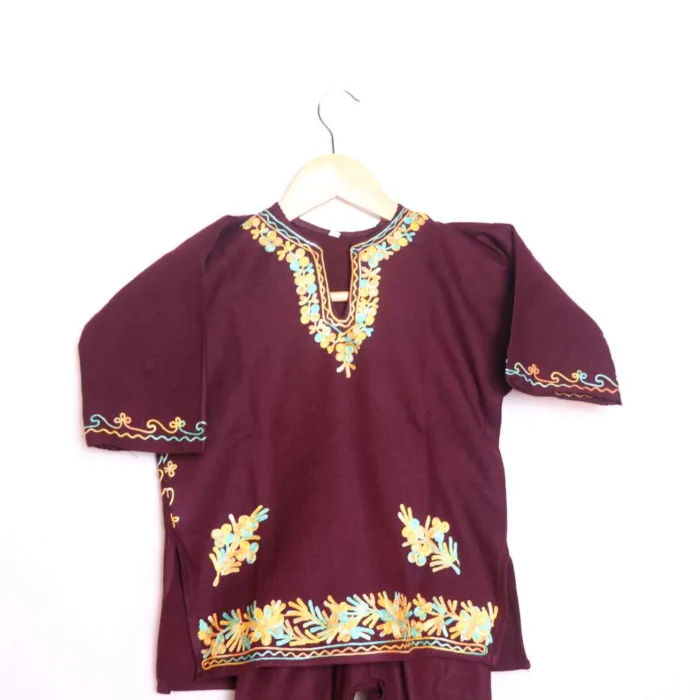 Beautiful Wine Aari Work Cashmilon Pheran Set for Kids - Wazir Bagh Collection (1-2y) - Image 2