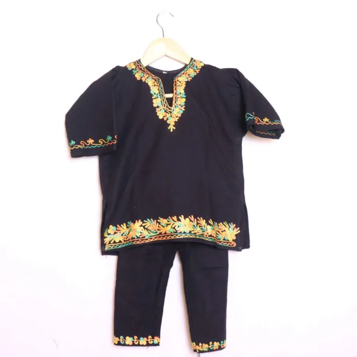 Elegant Black Cashmilon Kids Pheran Set with Aari Designs - Wazir Bagh Collection (1-2y)