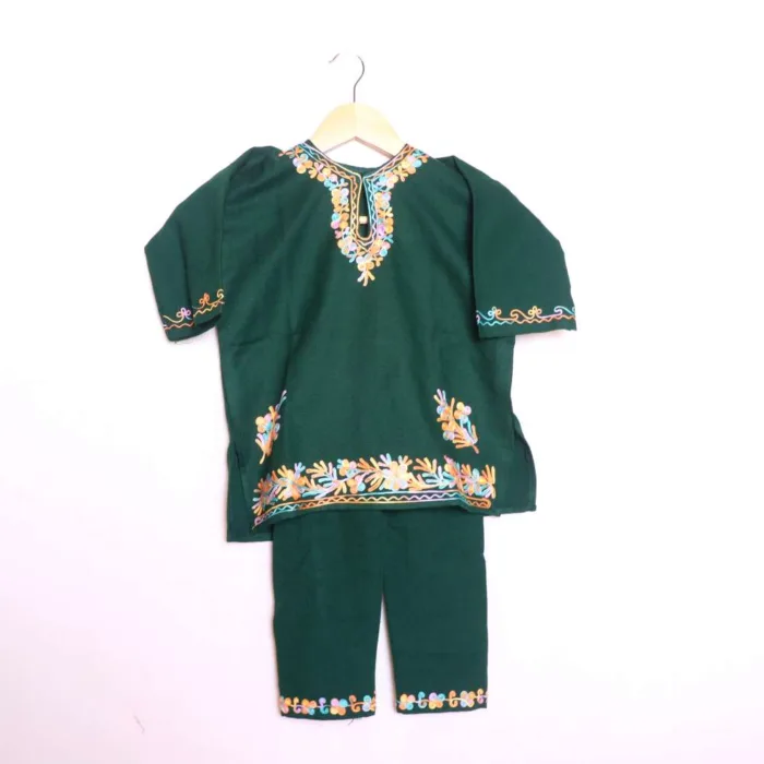 Cozy and Graceful Dark Green Aari Embroidered Kids Pheran Set - Wazir Bagh Collection (1-2y)