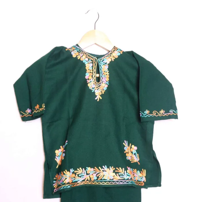 Cozy and Graceful Dark Green Aari Embroidered Kids Pheran Set - Wazir Bagh Collection (1-2y) - Image 2