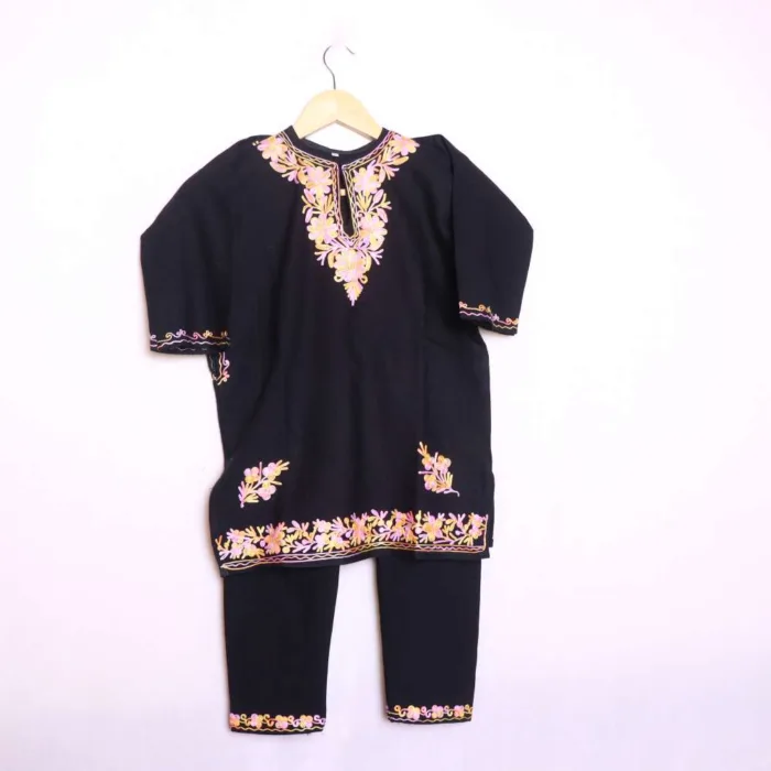 Black Cashmilon Kids Pheran Set with Aari Work - Wazir Bagh Collection (4-5y)