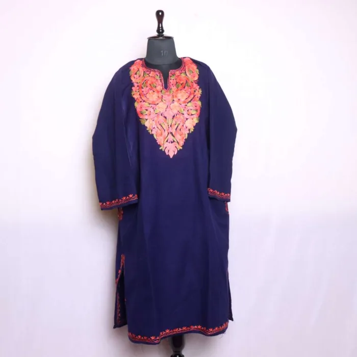 Elegant Indigo Cashmilon Pheran with Beautiful Aari Embroidery | Baghi-Mehtab Collection - Image 2